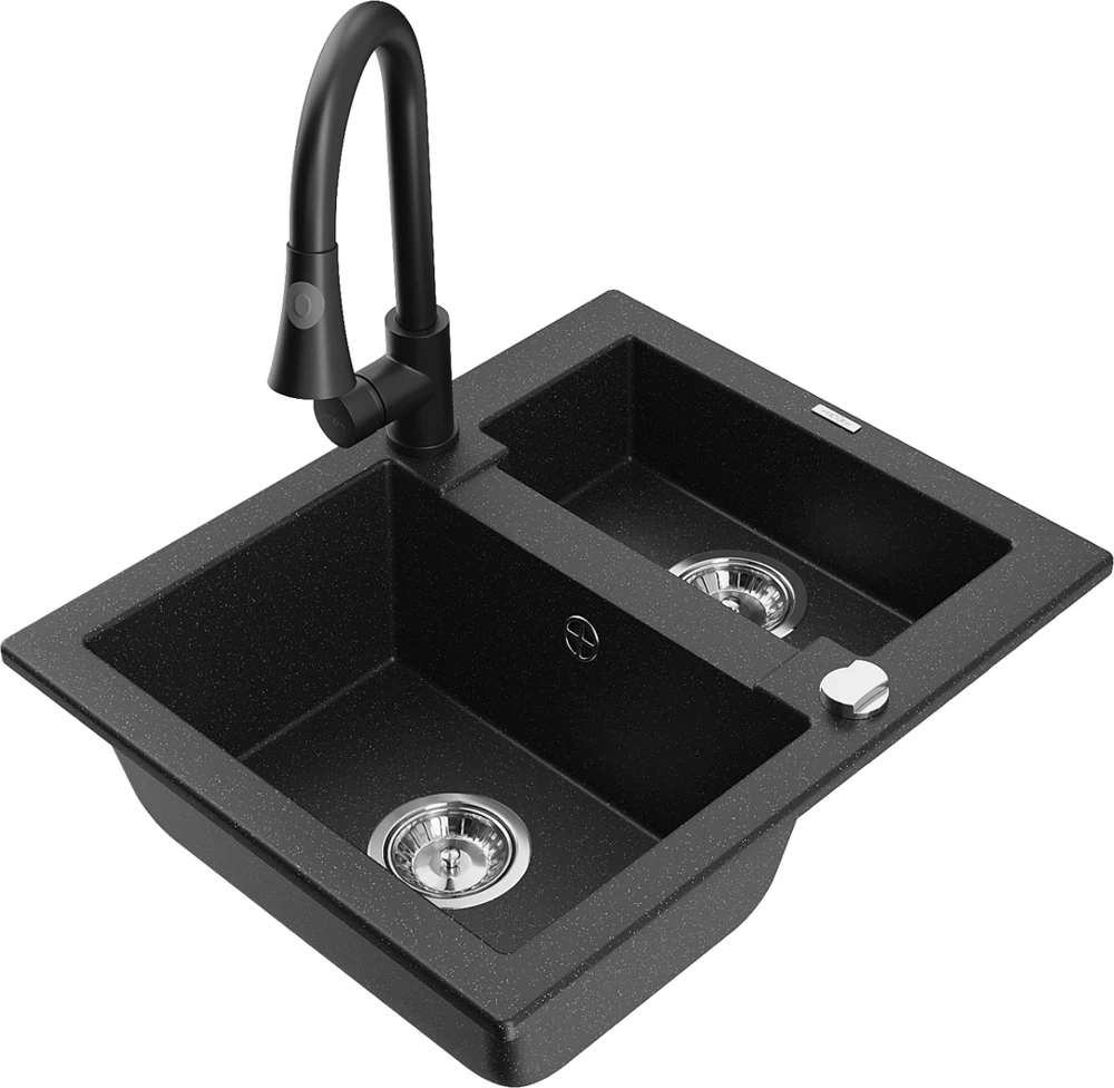 Granitinė virtuvinė plautuvė Mexen Carlos su maišytuvu ir sifonu, Metallic juodas/sidabrinis+Juodas
