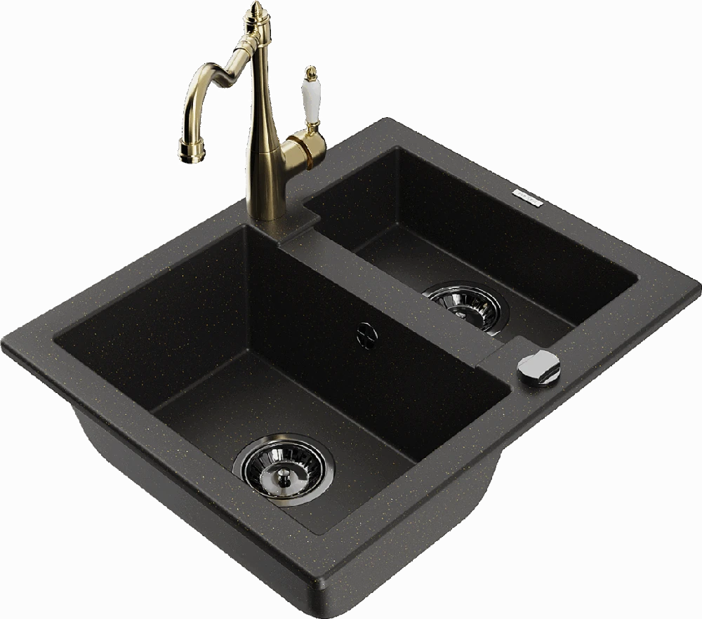 Granitinė virtuvinė plautuvė Mexen Carlos su maišytuvu ir sifonu, Metallic juodas/auksinis+Gold