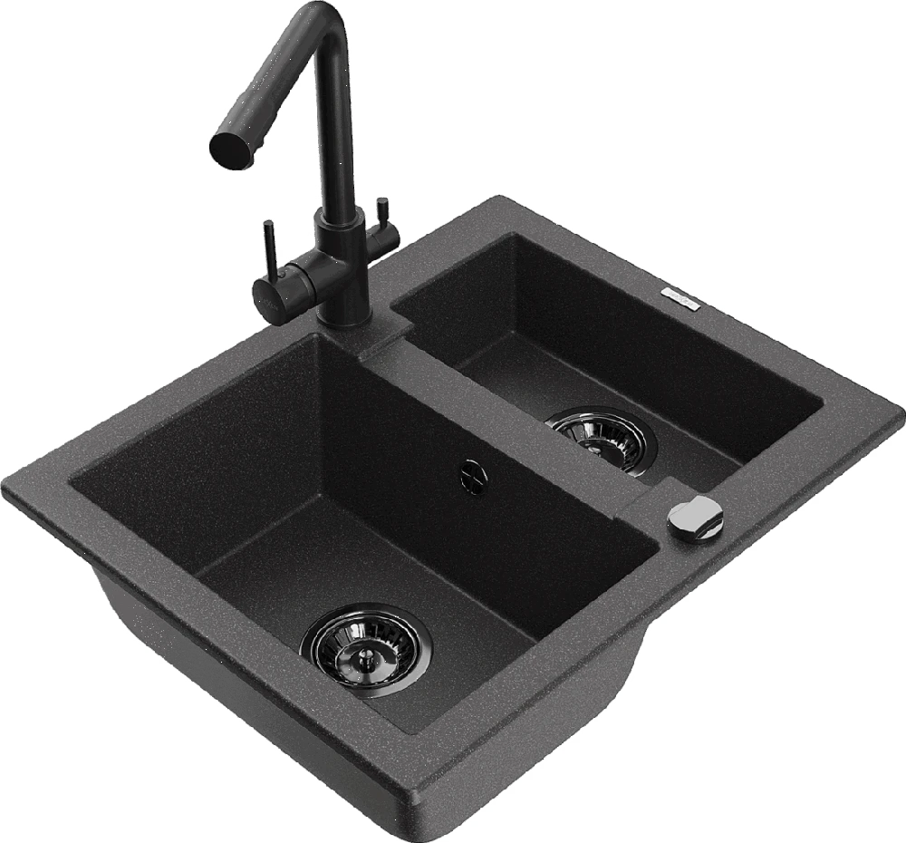 Granitinė virtuvinė plautuvė Mexen Carlos su maišytuvu ir sifonu, Juodas granite+Juodas