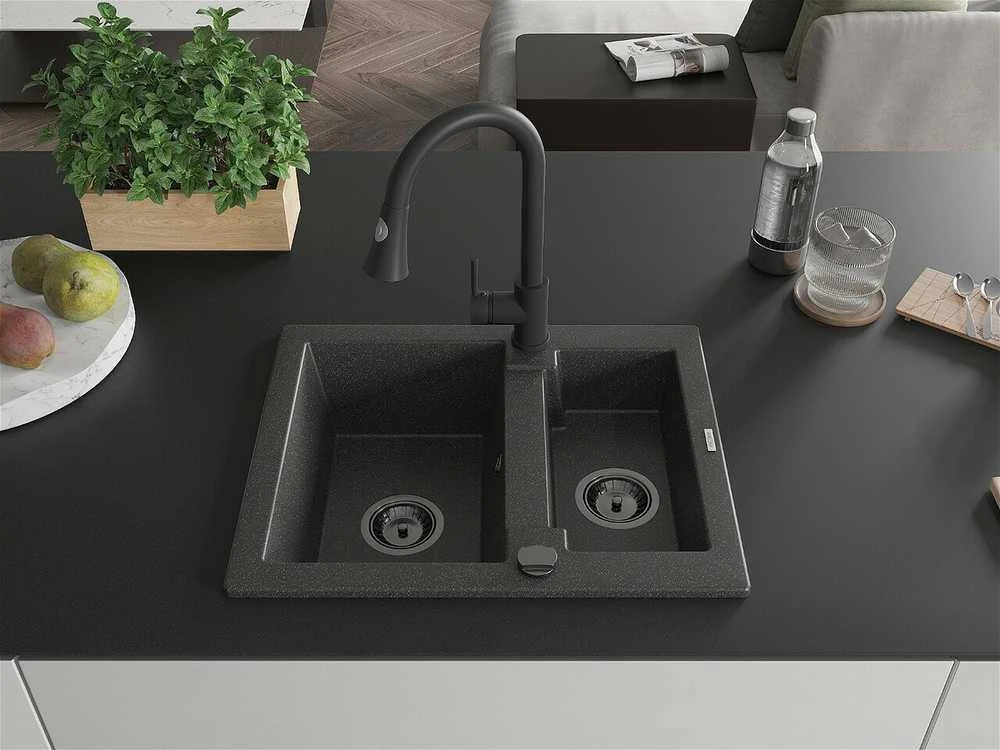 Granitinė virtuvinė plautuvė Mexen Carlos su maišytuvu ir sifonu, Juodas granite+Juodas