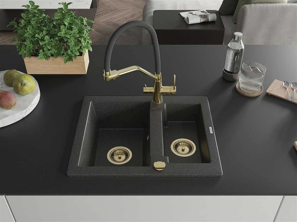 Granitinė virtuvinė plautuvė Mexen Carlos su maišytuvu ir sifonu, Juodas granite+Juodas/Gold
