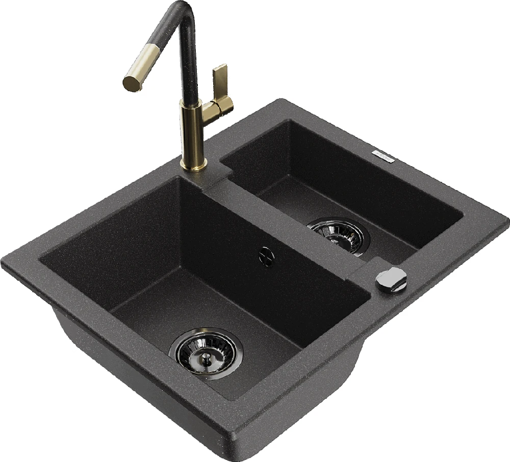 Granitinė virtuvinė plautuvė Mexen Carlos su maišytuvu ir sifonu, Juodas granite+Juodas/Gold