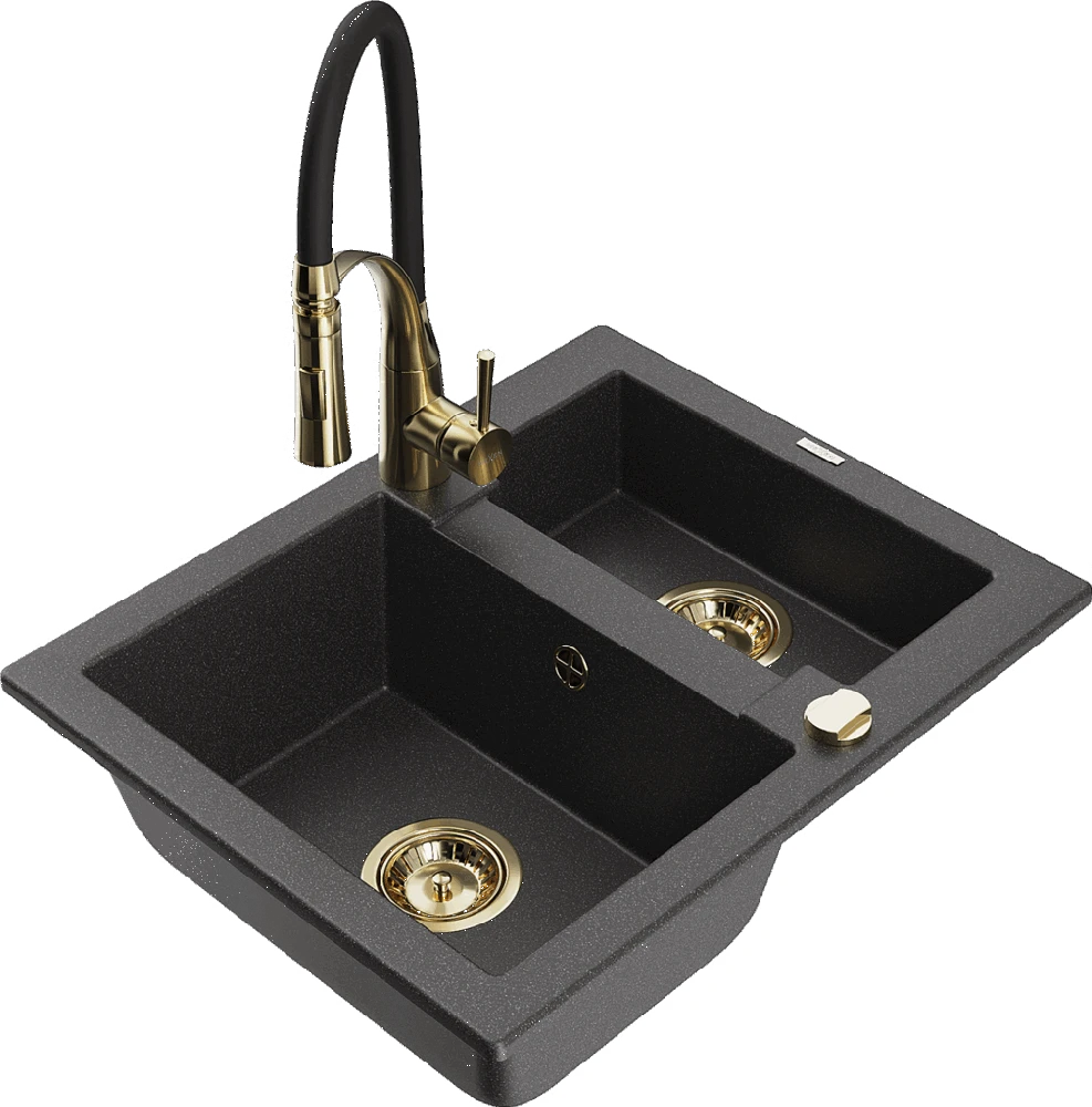 Granitinė virtuvinė plautuvė Mexen Carlos su maišytuvu ir sifonu, Juodas granite+Juodas/Gold