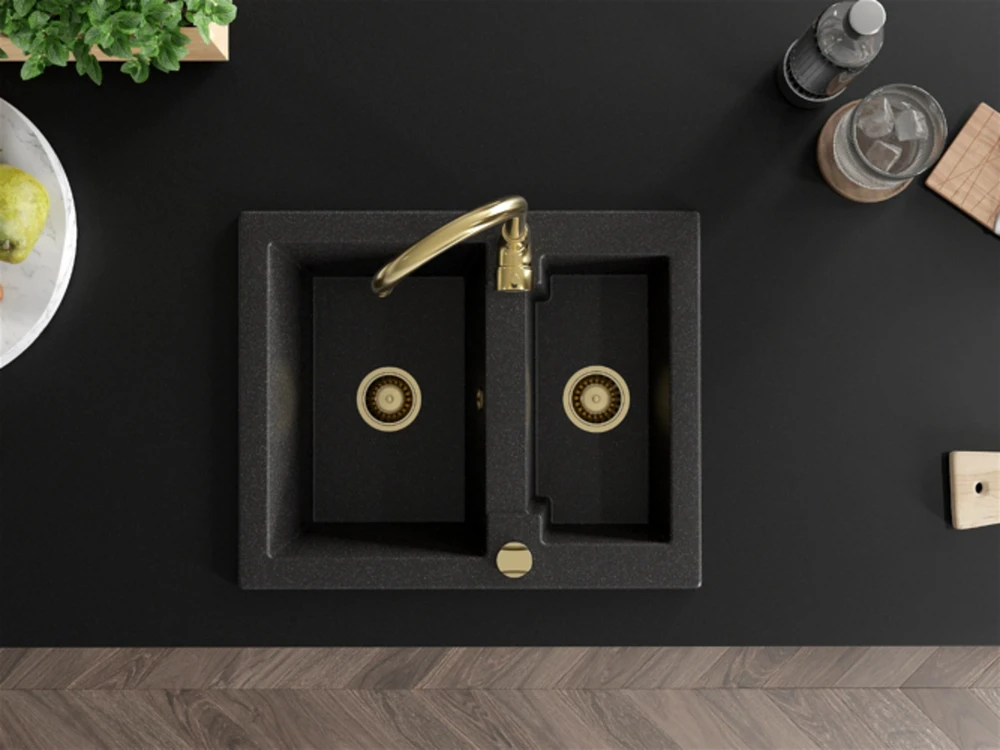 Granitinė virtuvinė plautuvė Mexen Carlos su maišytuvu ir sifonu, Juodas granite+Gold