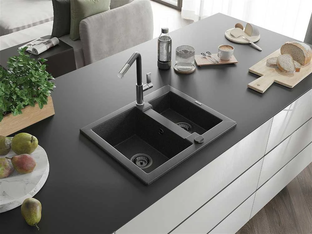 Granitinė virtuvinė plautuvė Mexen Carlos su maišytuvu ir sifonu, Juodas granite+Juodas/Chrome