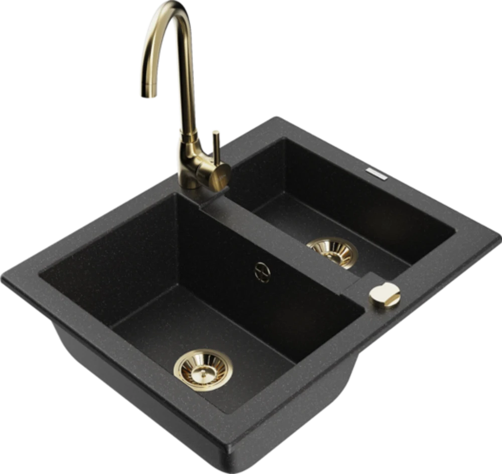 Granitinė virtuvinė plautuvė Mexen Carlos su maišytuvu ir sifonu, Metallic juodas/sidabrinis+Gold