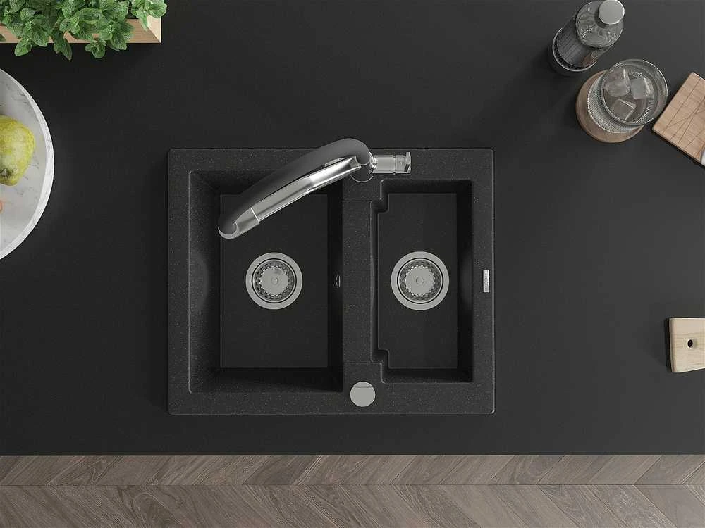Granitinė virtuvinė plautuvė Mexen Carlos su maišytuvu ir sifonu, Metallic juodas/sidabrinis+Juodas/Chrome