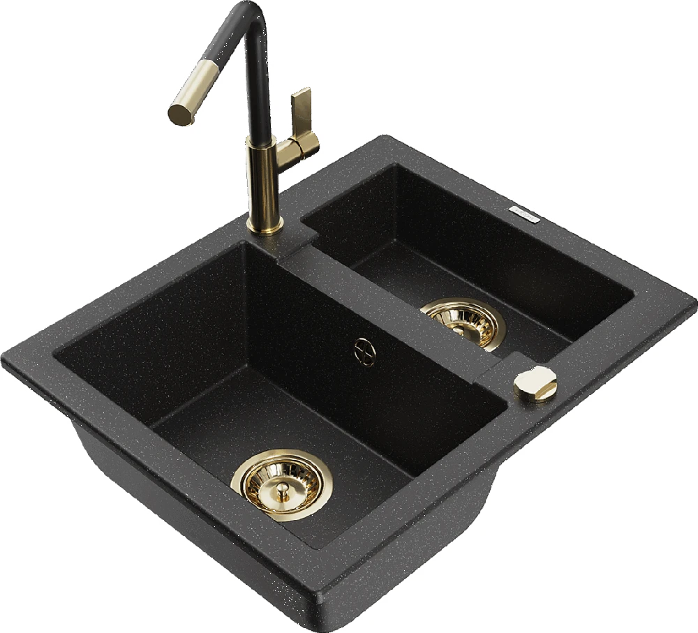 Granitinė virtuvinė plautuvė Mexen Carlos su maišytuvu ir sifonu, Metallic juodas/sidabrinis+Juodas/Gold