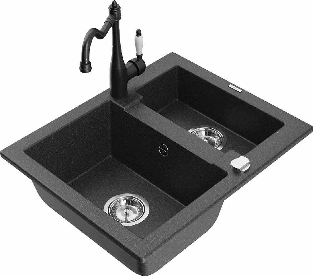 Granitinė virtuvinė plautuvė Mexen Carlos su maišytuvu ir sifonu, Juodas granite+Juodas