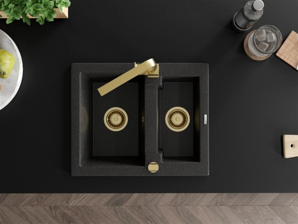 Granitinė virtuvinė plautuvė Mexen Carlos su maišytuvu ir sifonu, Juodas granite+Gold