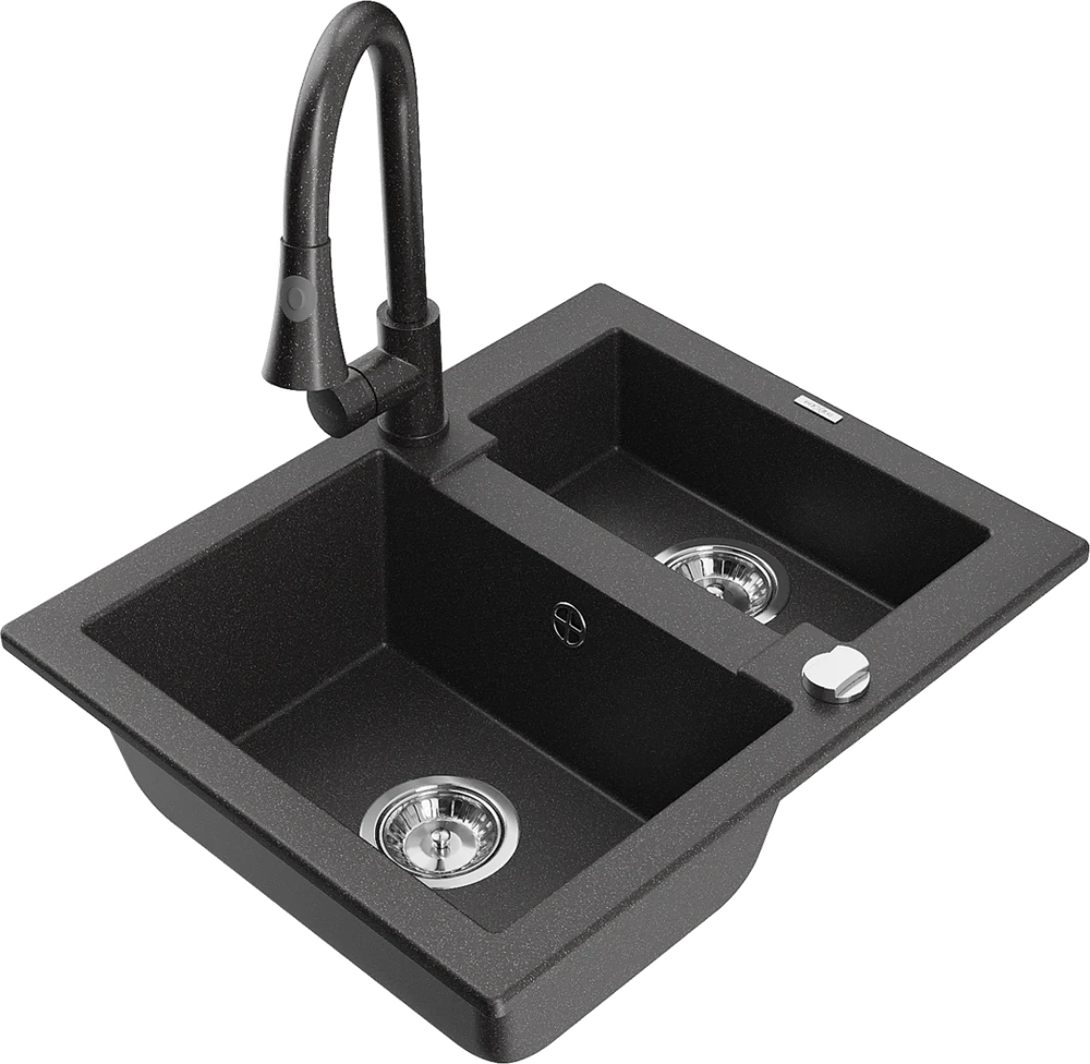 Granitinė virtuvinė plautuvė Mexen Carlos su maišytuvu ir sifonu, Juodas granite