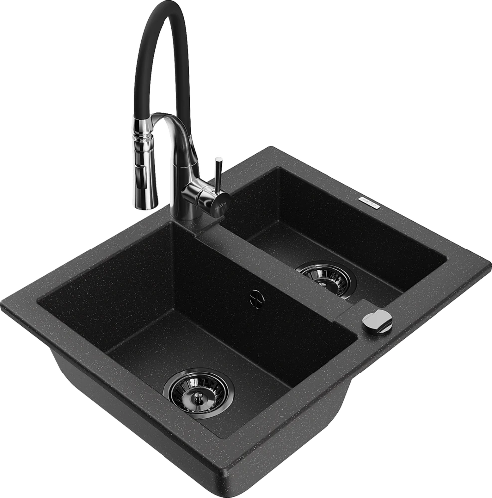 Granitinė virtuvinė plautuvė Mexen Carlos su maišytuvu ir sifonu, Metallic juodas/sidabrinis+Juodas/Chrome