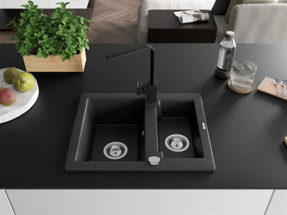 Granitinė virtuvinė plautuvė Mexen Carlos su maišytuvu ir sifonu, Juodas granite+Juodas