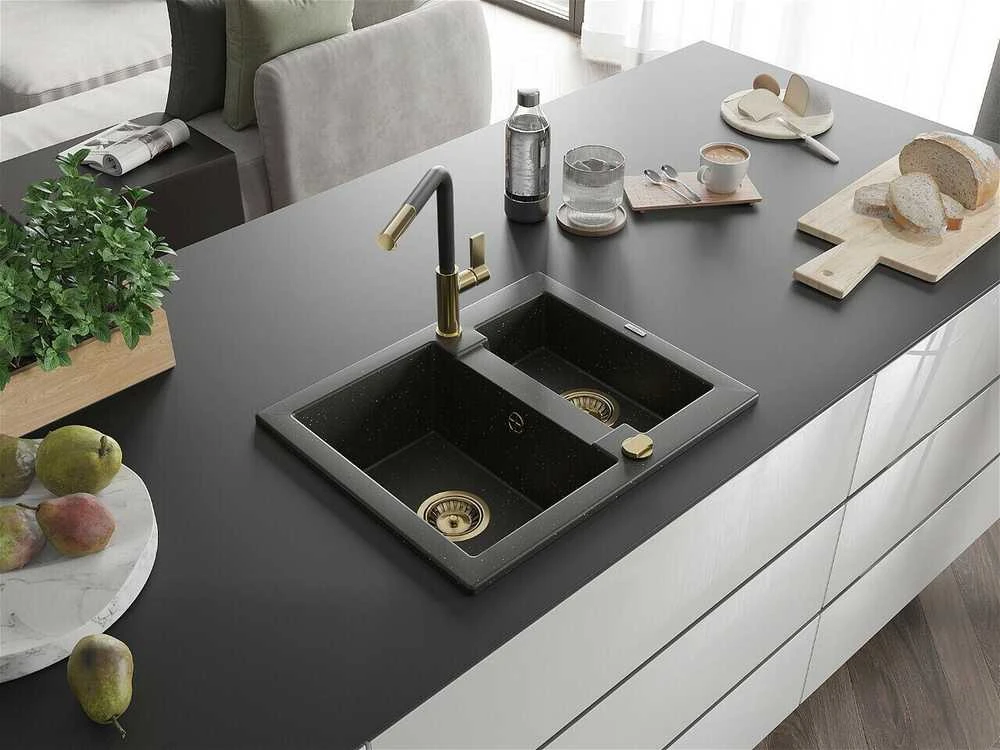Granitinė virtuvinė plautuvė Mexen Carlos su maišytuvu ir sifonu, Metallic juodas/auksinis+Juodas/Gold