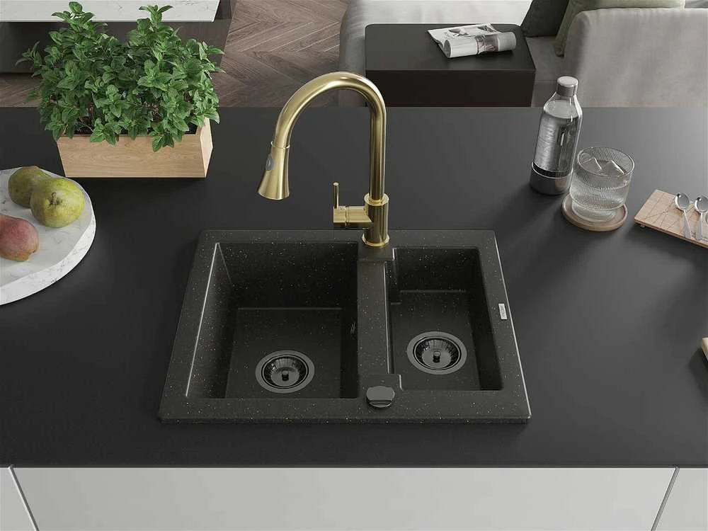 Granitinė virtuvinė plautuvė Mexen Carlos su maišytuvu ir sifonu, Metallic juodas/auksinis+Gold