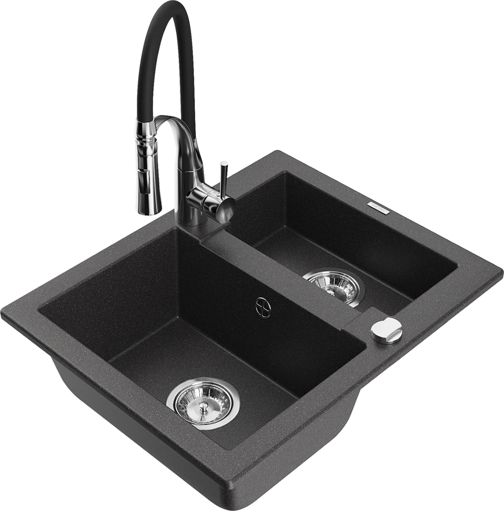 Granitinė virtuvinė plautuvė Mexen Carlos su maišytuvu ir sifonu, Juodas granite+Juodas/Chrome