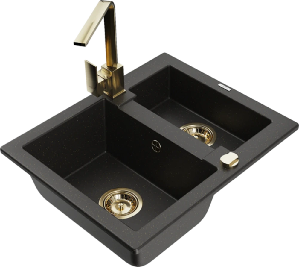 Granitinė virtuvinė plautuvė Mexen Carlos su maišytuvu ir sifonu, Metallic juodas/auksinis+Gold