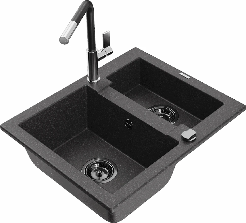 Granitinė virtuvinė plautuvė Mexen Carlos su maišytuvu ir sifonu, Juodas granite+Juodas/Chrome