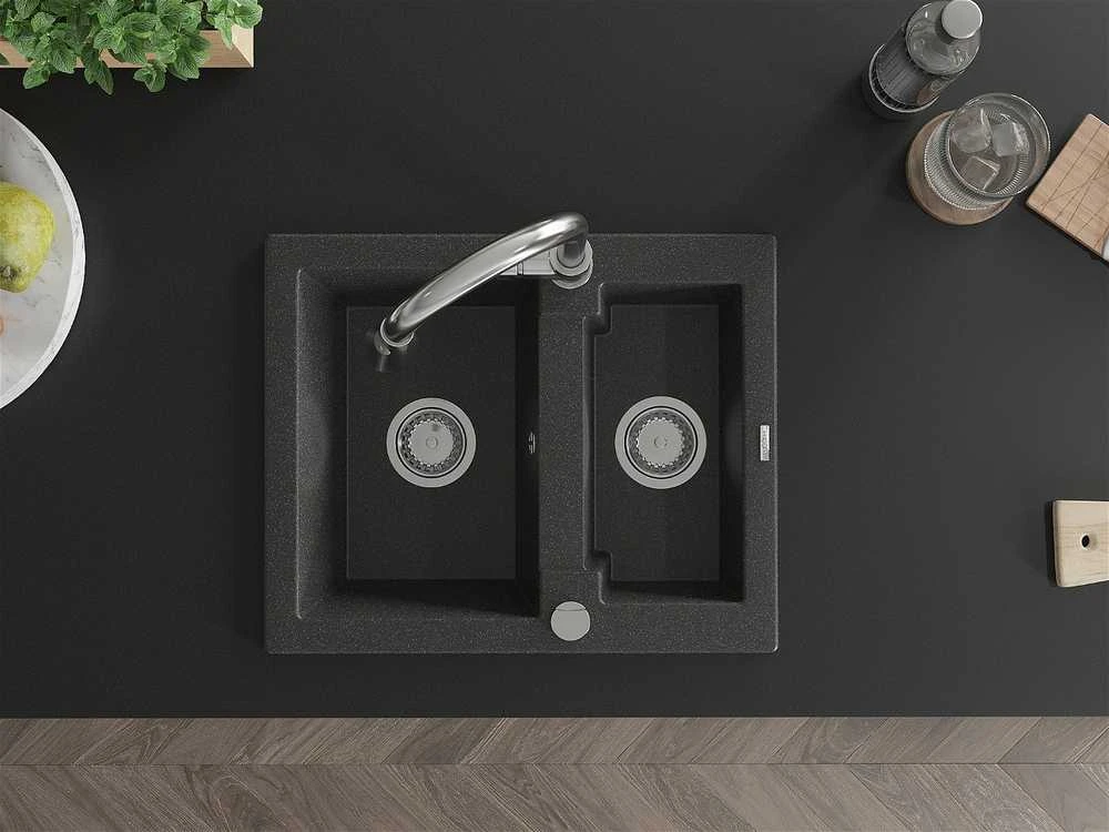 Granitinė virtuvinė plautuvė Mexen Carlos su maišytuvu ir sifonu, Juodas granite+Chrome
