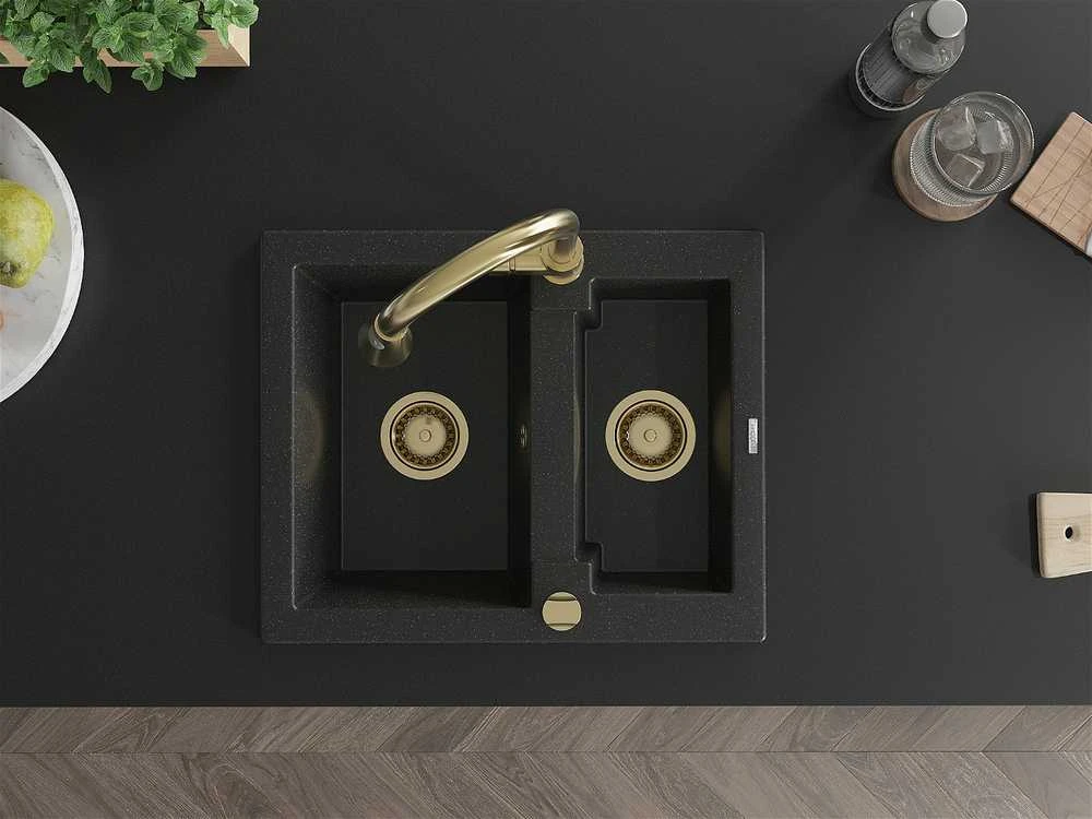 Granitinė virtuvinė plautuvė Mexen Carlos su maišytuvu ir sifonu, Metallic juodas/sidabrinis+Gold