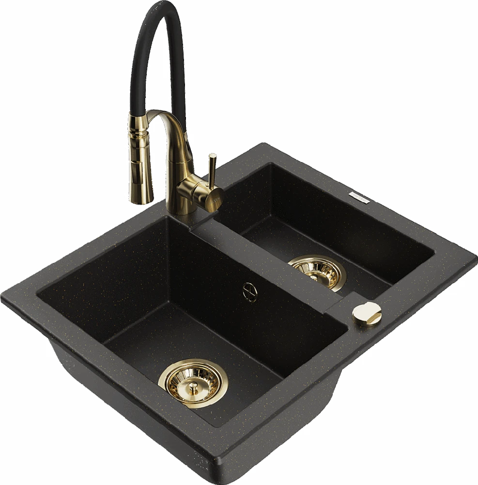 Granitinė virtuvinė plautuvė Mexen Carlos su maišytuvu ir sifonu, Metallic juodas/auksinis+Juodas/Gold