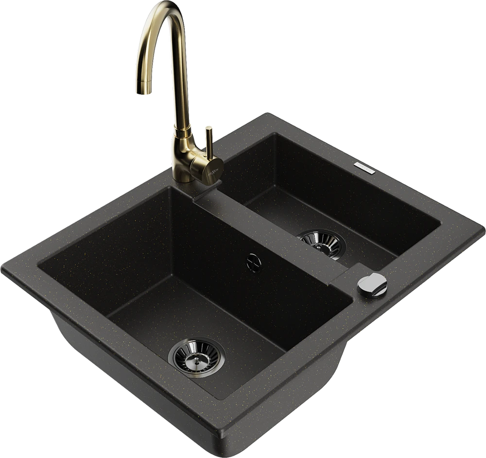 Granitinė virtuvinė plautuvė Mexen Carlos su maišytuvu ir sifonu, Metallic juodas/auksinis+Gold
