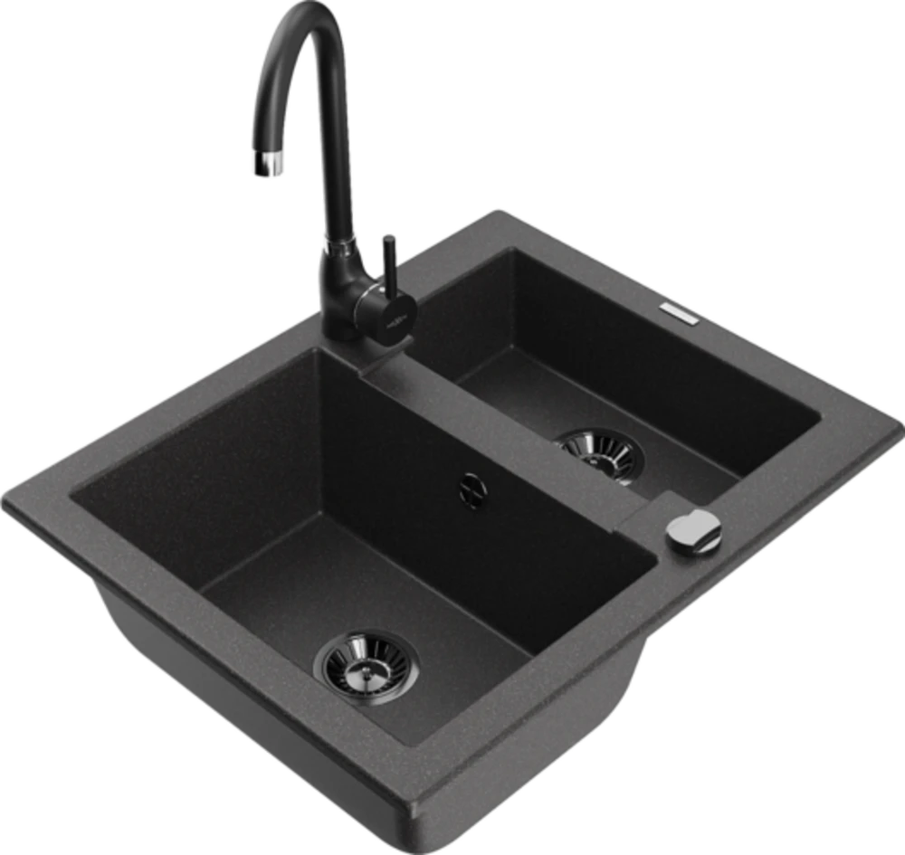 Granitinė virtuvinė plautuvė Mexen Carlos su maišytuvu ir sifonu, Juodas granite+Juodas
