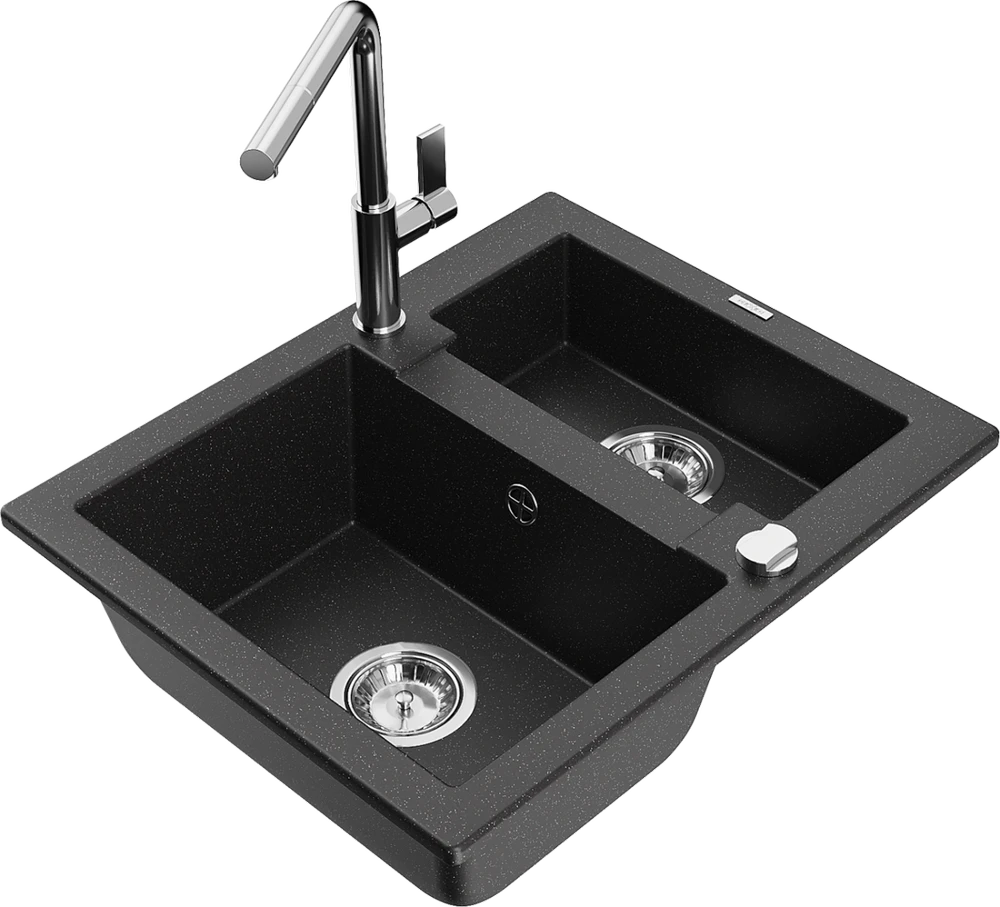 Granitinė virtuvinė plautuvė Mexen Carlos su maišytuvu ir sifonu, Metallic juodas/sidabrinis+Chrome