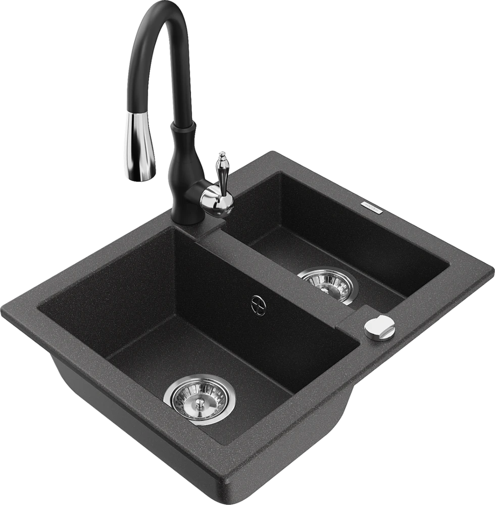 Granitinė virtuvinė plautuvė Mexen Carlos su maišytuvu ir sifonu, Juodas granite+Juodas