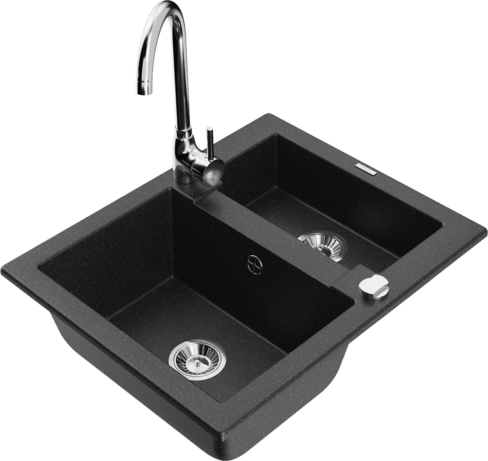 Granitinė virtuvinė plautuvė Mexen Carlos su maišytuvu ir sifonu, Metallic juodas/sidabrinis+Chrome