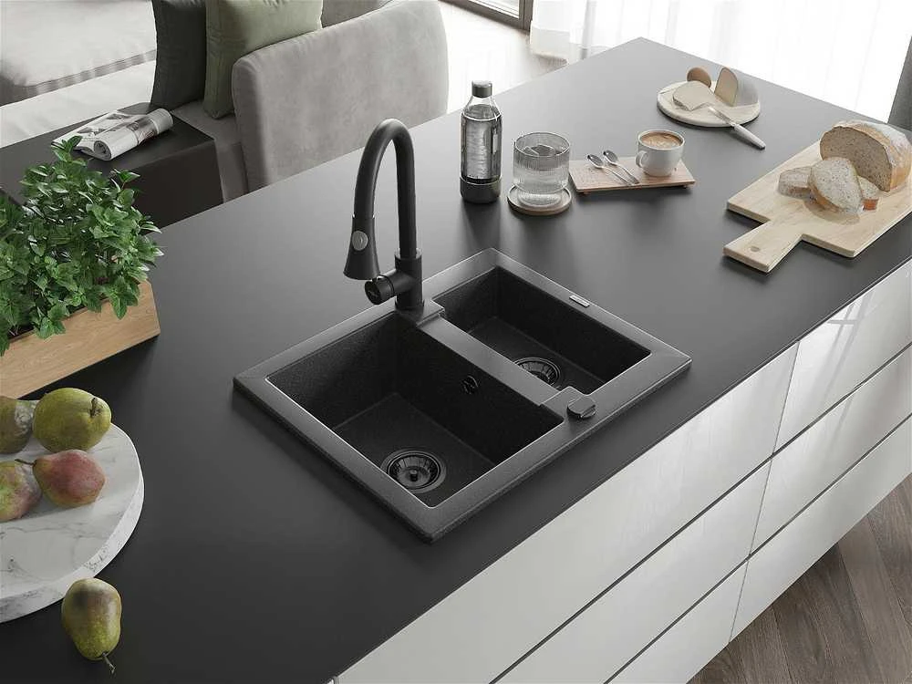Granitinė virtuvinė plautuvė Mexen Carlos su maišytuvu ir sifonu, Juodas granite+Juodas