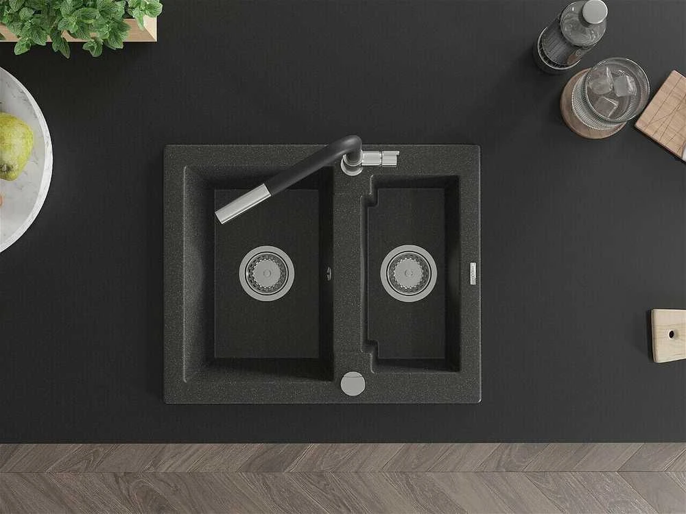 Granitinė virtuvinė plautuvė Mexen Carlos su maišytuvu ir sifonu, Juodas granite+Juodas/Chrome