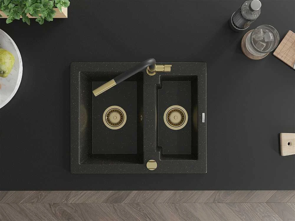 Granitinė virtuvinė plautuvė Mexen Carlos su maišytuvu ir sifonu, Metallic juodas/auksinis+Juodas/Gold