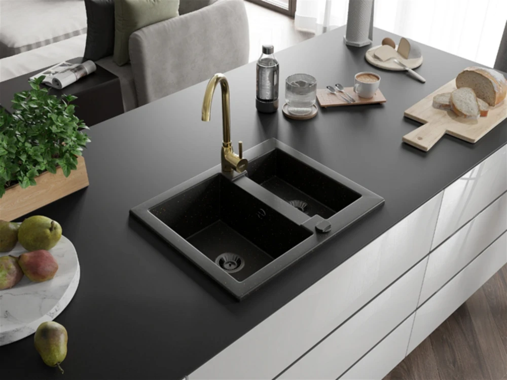 Granitinė virtuvinė plautuvė Mexen Carlos su maišytuvu ir sifonu, Metallic juodas/auksinis+Gold