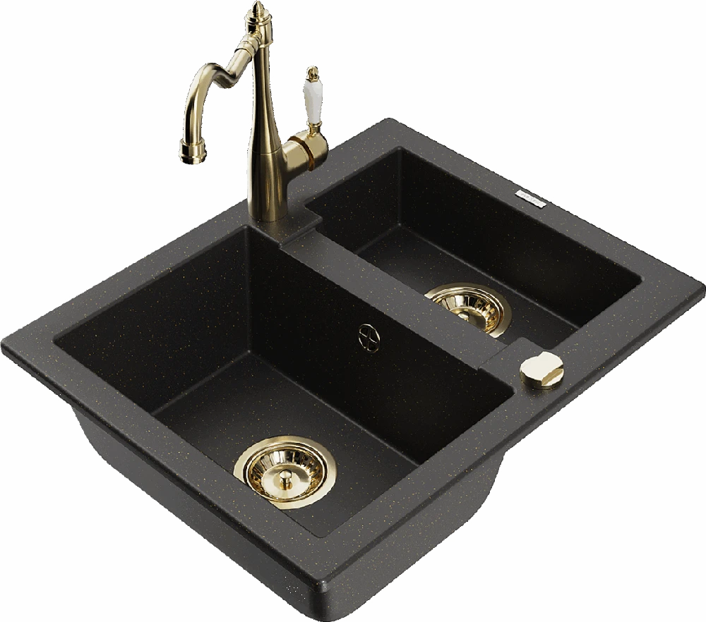 Granitinė virtuvinė plautuvė Mexen Carlos su maišytuvu ir sifonu, Metallic juodas/auksinis+Gold