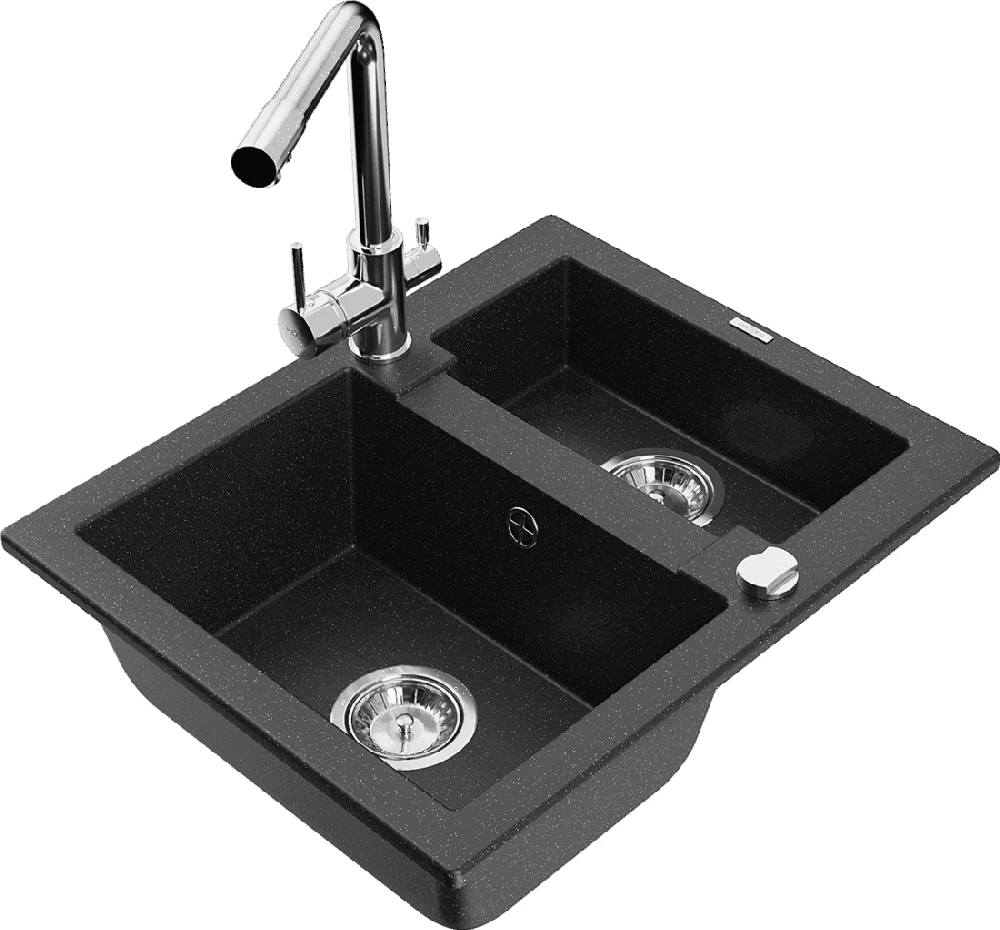 Granitinė virtuvinė plautuvė Mexen Carlos su maišytuvu ir sifonu, Metallic juodas/sidabrinis+Chrome