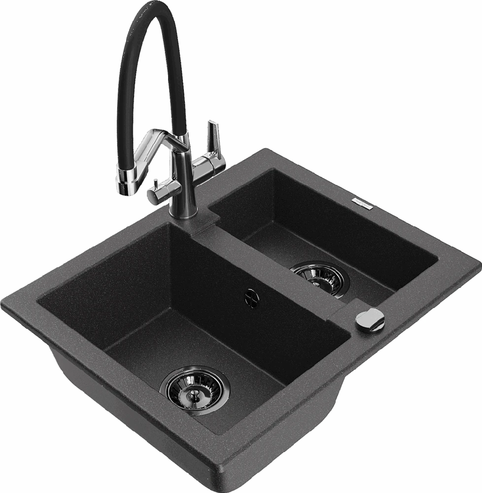 Granitinė virtuvinė plautuvė Mexen Carlos su maišytuvu ir sifonu, Juodas granite+Juodas/Chrome
