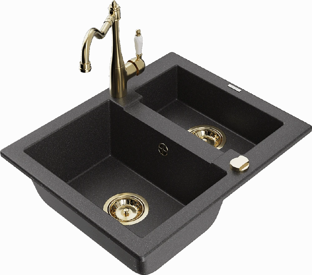 Granitinė virtuvinė plautuvė Mexen Carlos su maišytuvu ir sifonu, Juodas granite+Gold