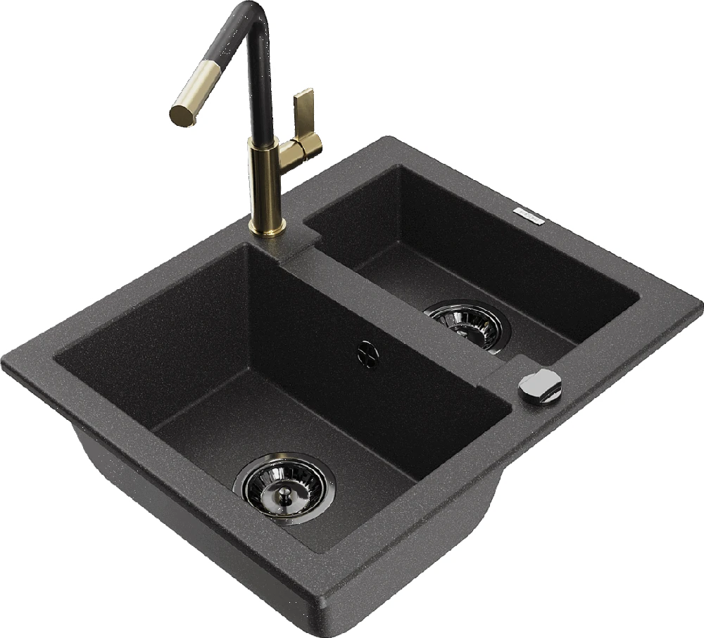 Granitinė virtuvinė plautuvė Mexen Carlos su maišytuvu ir sifonu, Juodas granite+Juodas/Gold