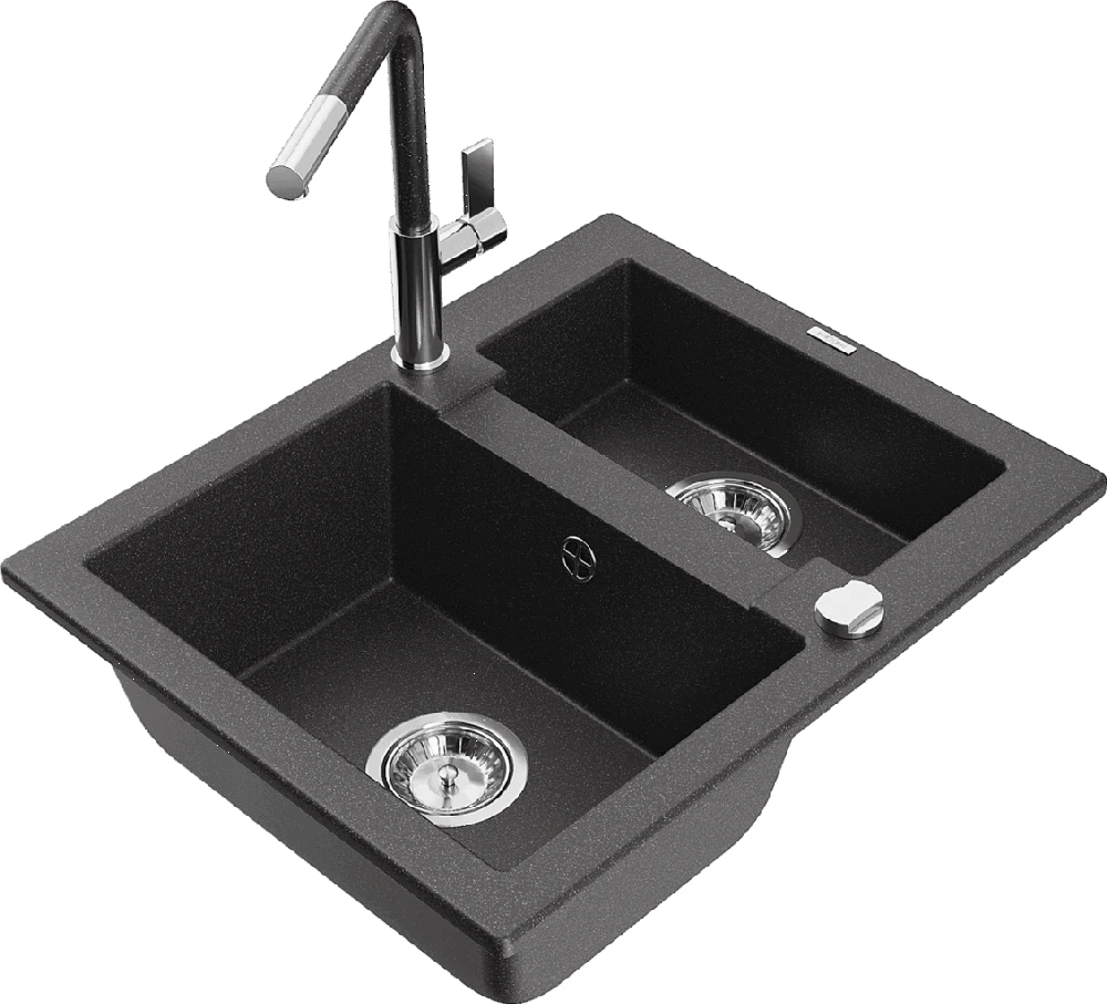 Granitinė virtuvinė plautuvė Mexen Carlos su maišytuvu ir sifonu, Juodas granite+Juodas/Chrome