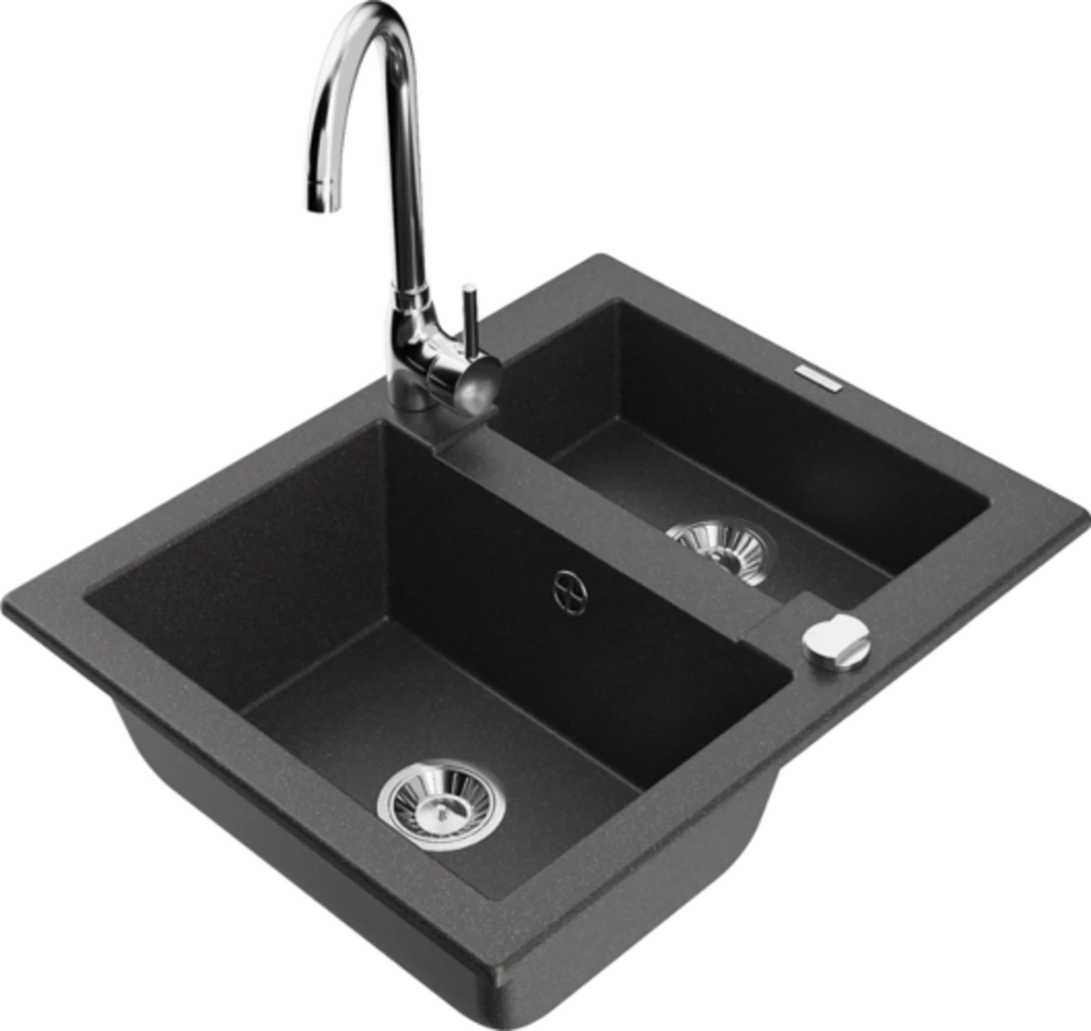 Granitinė virtuvinė plautuvė Mexen Carlos su maišytuvu ir sifonu, Juodas granite+Chrome