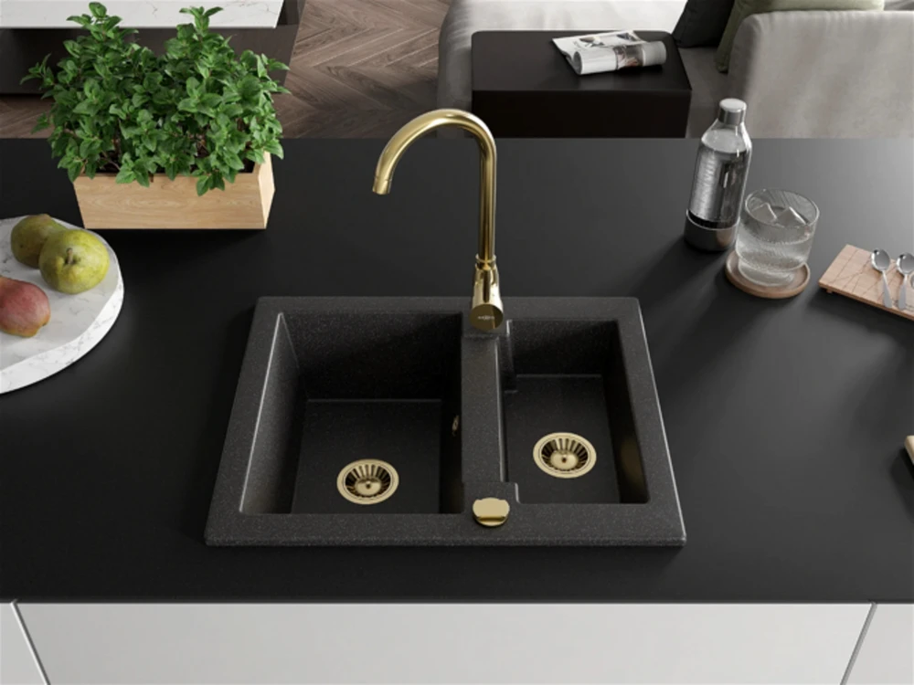 Granitinė virtuvinė plautuvė Mexen Carlos su maišytuvu ir sifonu, Juodas granite+Gold