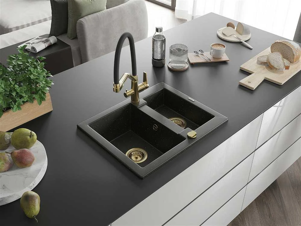 Granitinė virtuvinė plautuvė Mexen Carlos su maišytuvu ir sifonu, Metallic juodas/auksinis+Juodas/Gold