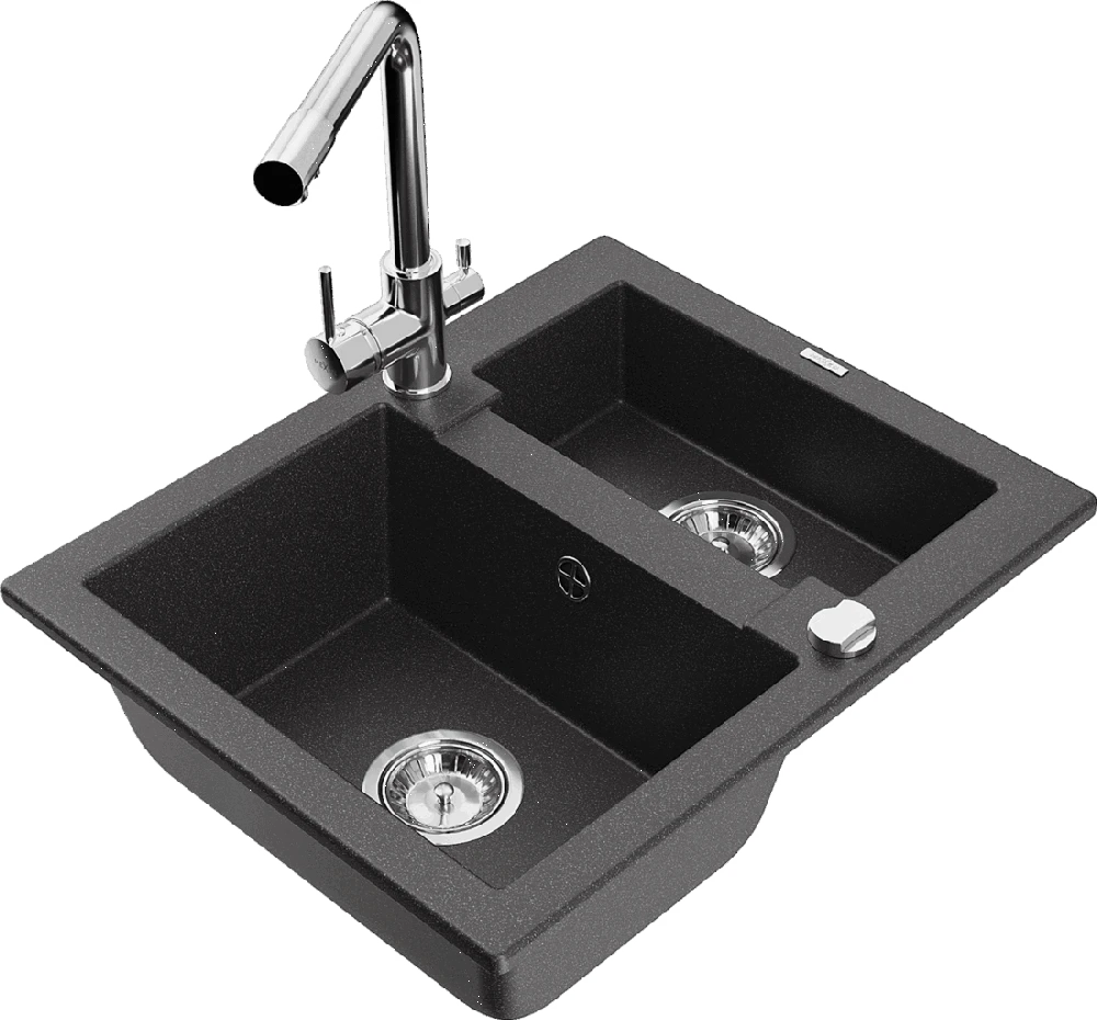 Granitinė virtuvinė plautuvė Mexen Carlos su maišytuvu ir sifonu, Juodas granite+Chrome