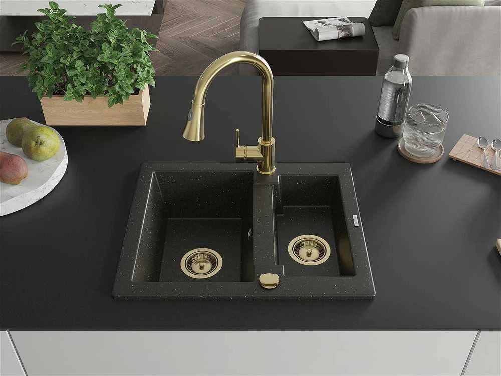 Granitinė virtuvinė plautuvė Mexen Carlos su maišytuvu ir sifonu, Metallic juodas/auksinis+Gold