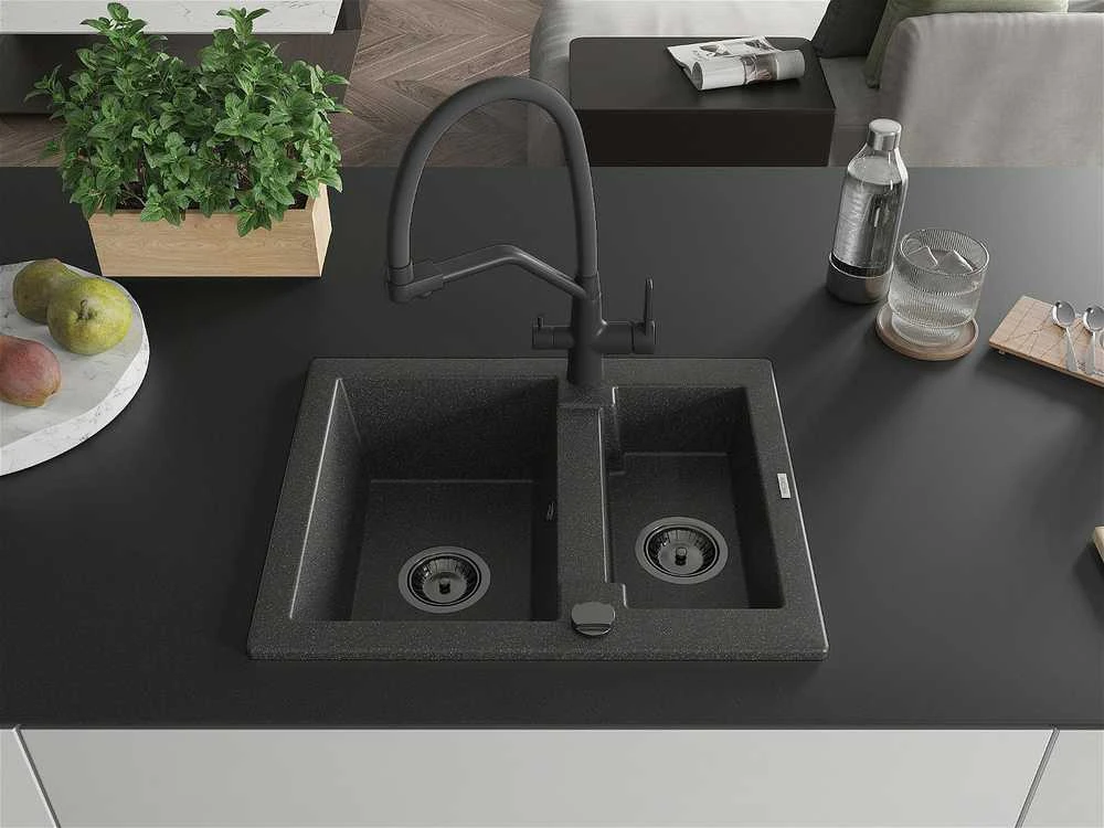 Granitinė virtuvinė plautuvė Mexen Carlos su maišytuvu ir sifonu, Juodas granite+Juodas