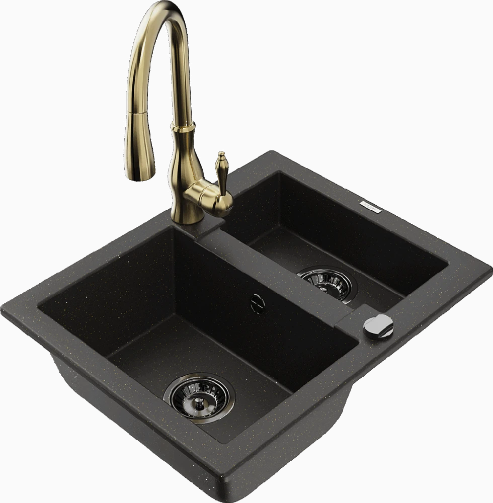 Granitinė virtuvinė plautuvė Mexen Carlos su maišytuvu ir sifonu, Metallic juodas/auksinis+Gold