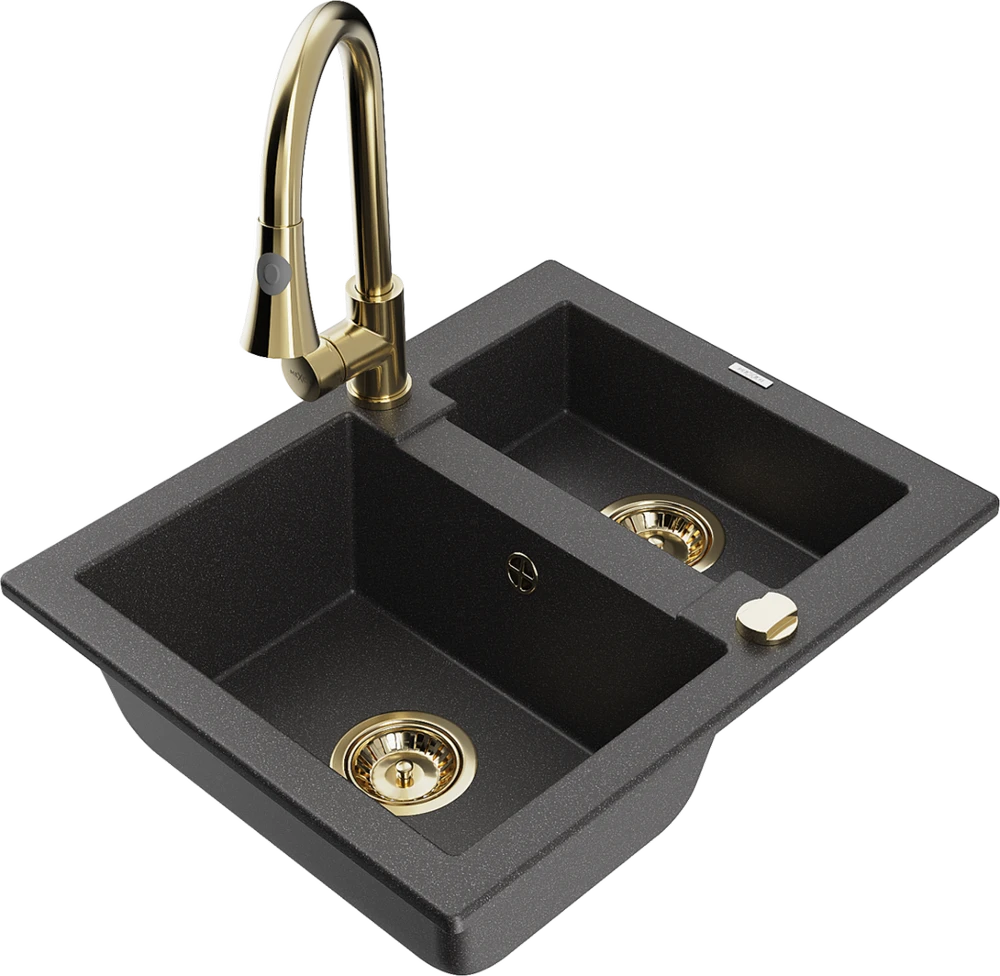 Granitinė virtuvinė plautuvė Mexen Carlos su maišytuvu ir sifonu, Juodas granite+Gold