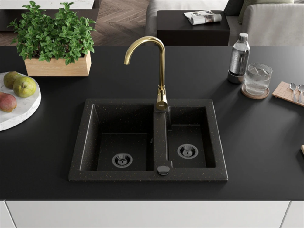 Granitinė virtuvinė plautuvė Mexen Carlos su maišytuvu ir sifonu, Metallic juodas/auksinis+Gold