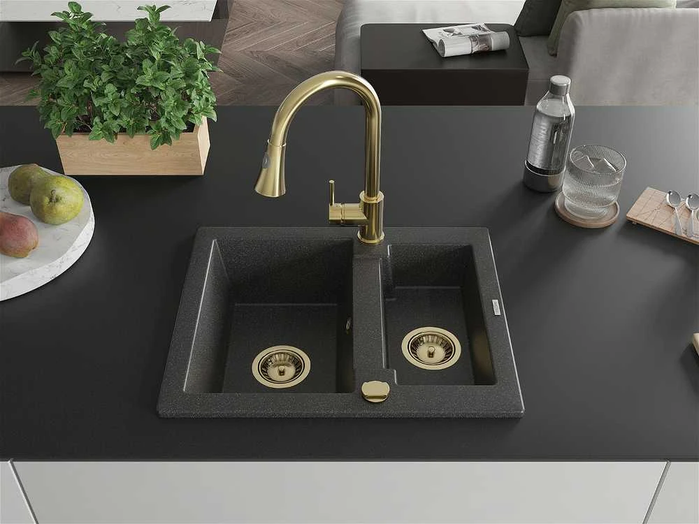 Granitinė virtuvinė plautuvė Mexen Carlos su maišytuvu ir sifonu, Juodas granite+Gold